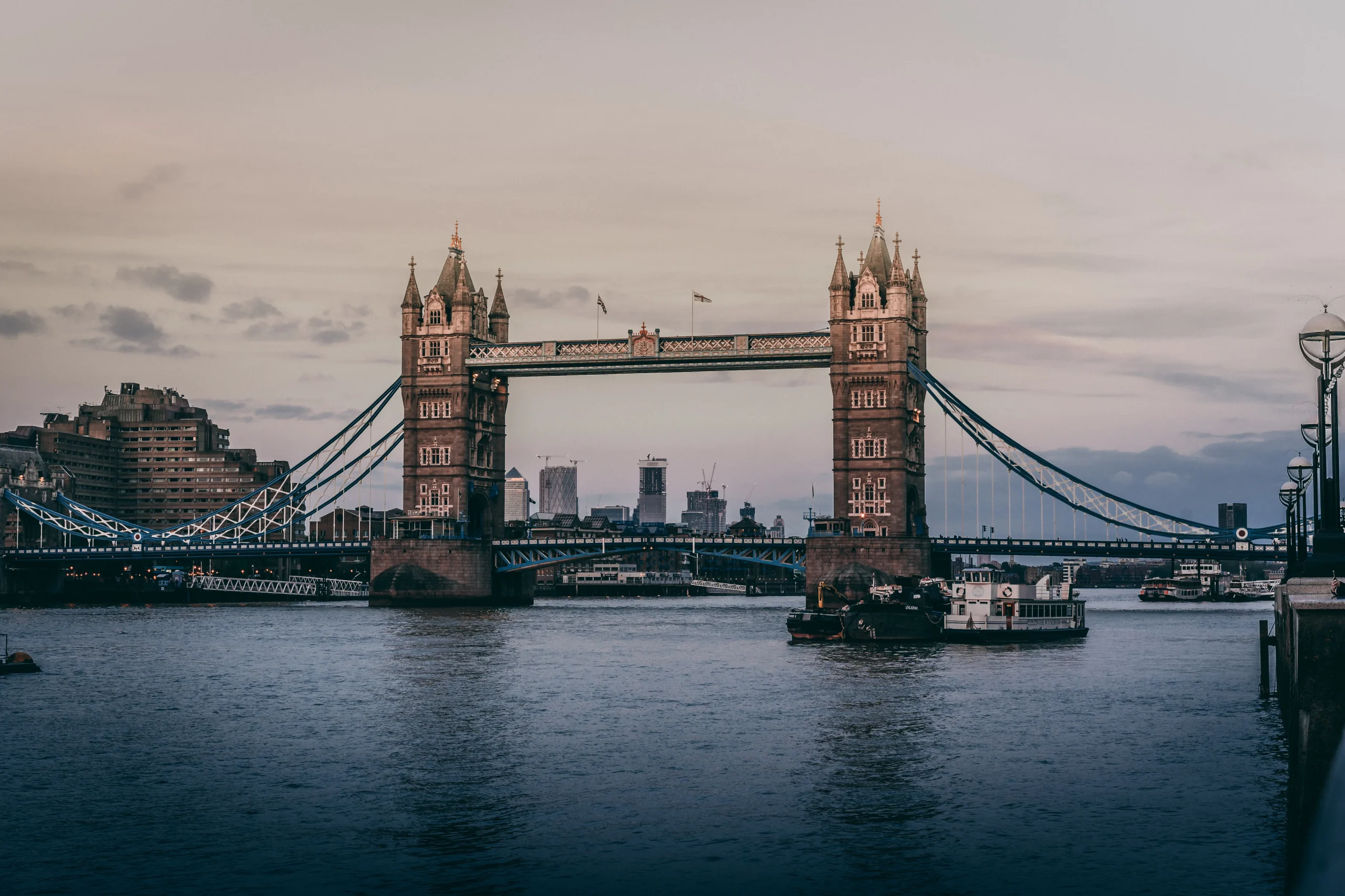 Tower Bridge spanning the River Thames with city skyline in the background