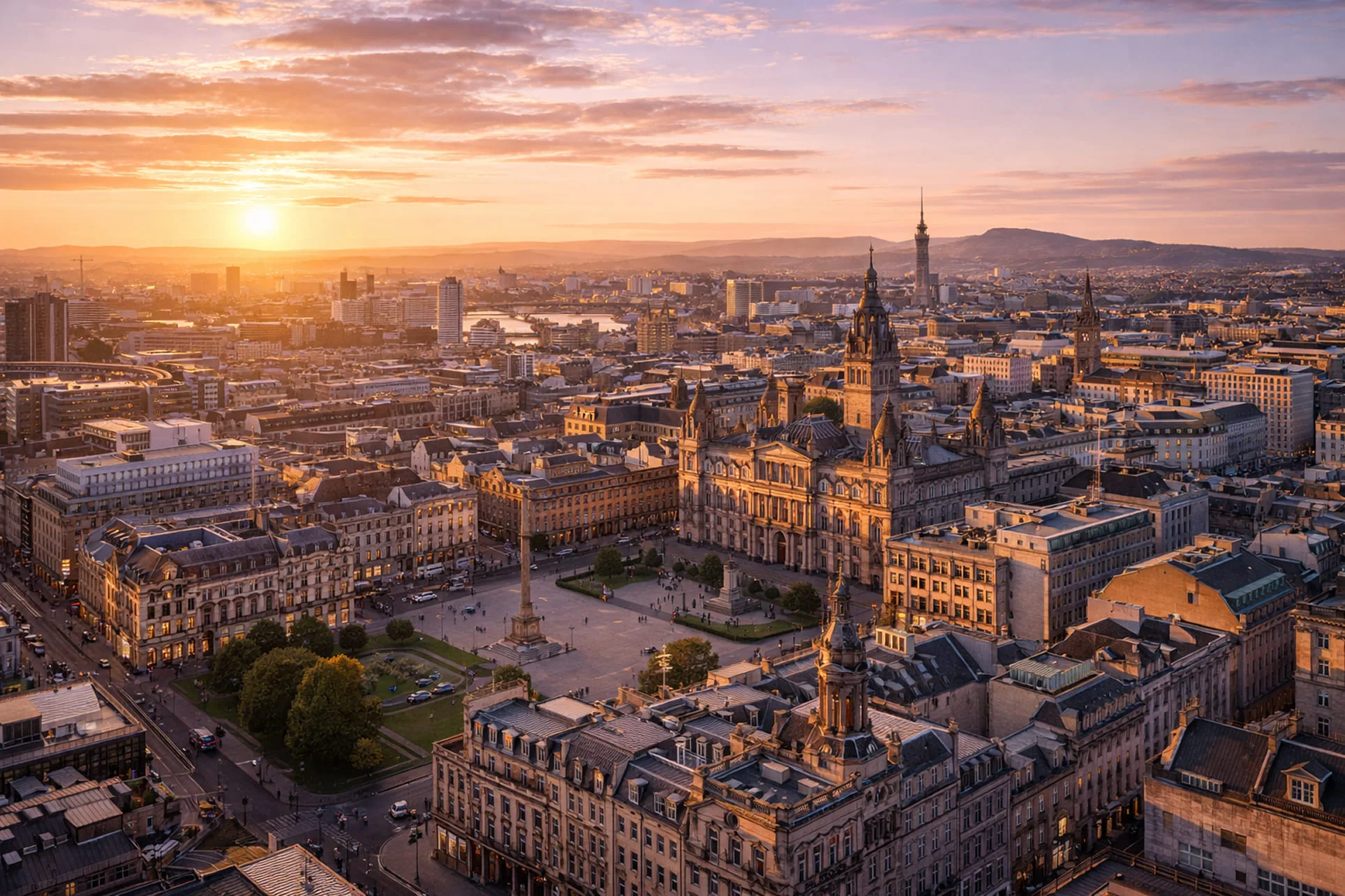 Glasgow city centre skyline with historic buildings at sunset