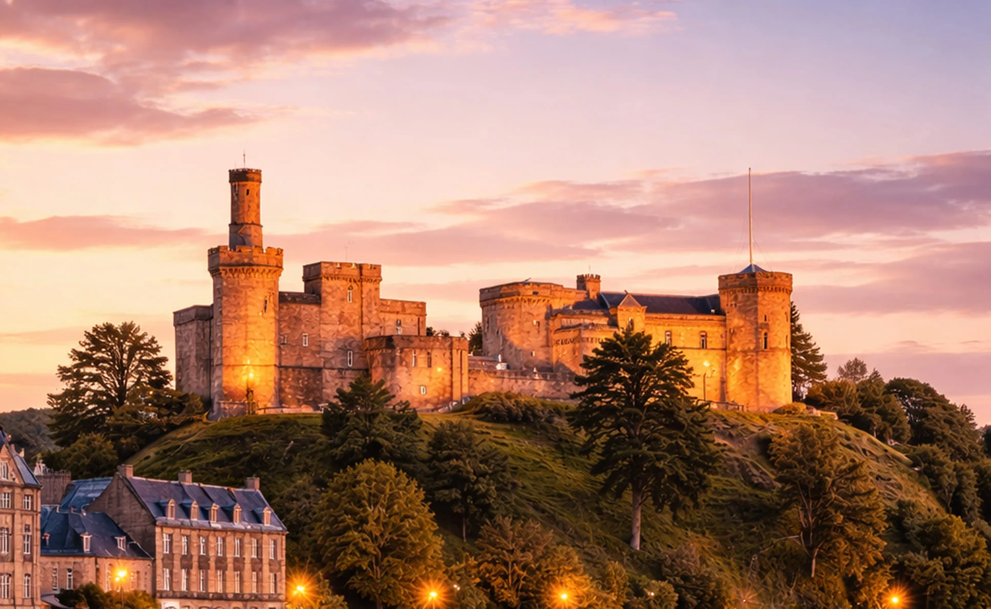 Inverness Castle overlooking River Ness at sunset in Scotland