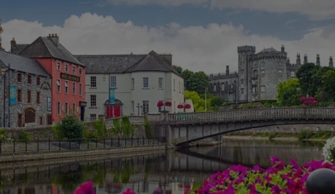Riverside view of Kilkenny’s townhouses and castle with flowers in foreground