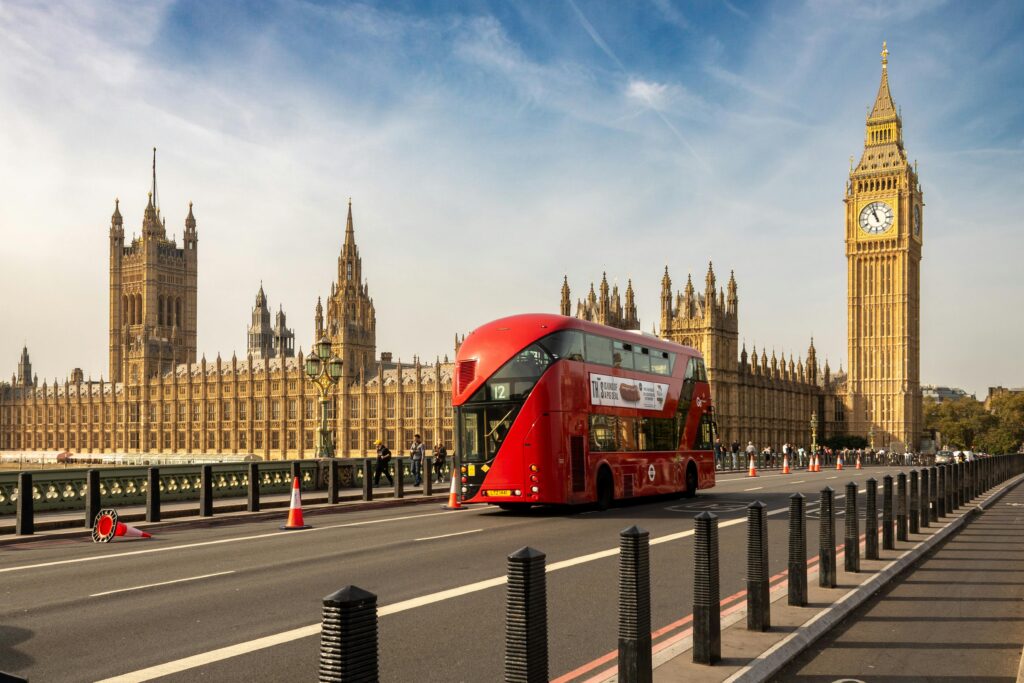 Elizabeth Tower featuring Big Ben and the Palace of Westminster along the River Thames in London.