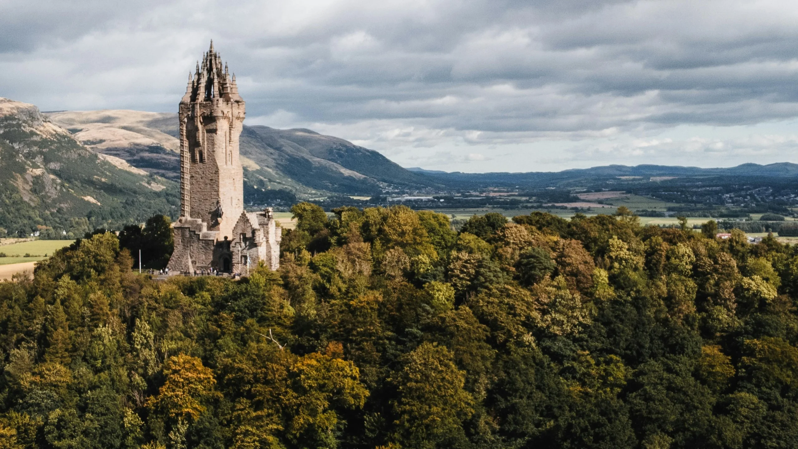 Wallace Monument overlooking Stirling and rolling Scottish countryside