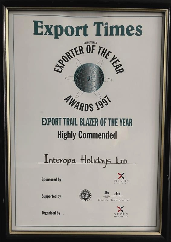 Export Times Exporter of the Year 1997 award presented to Interopa Holidays Ltd