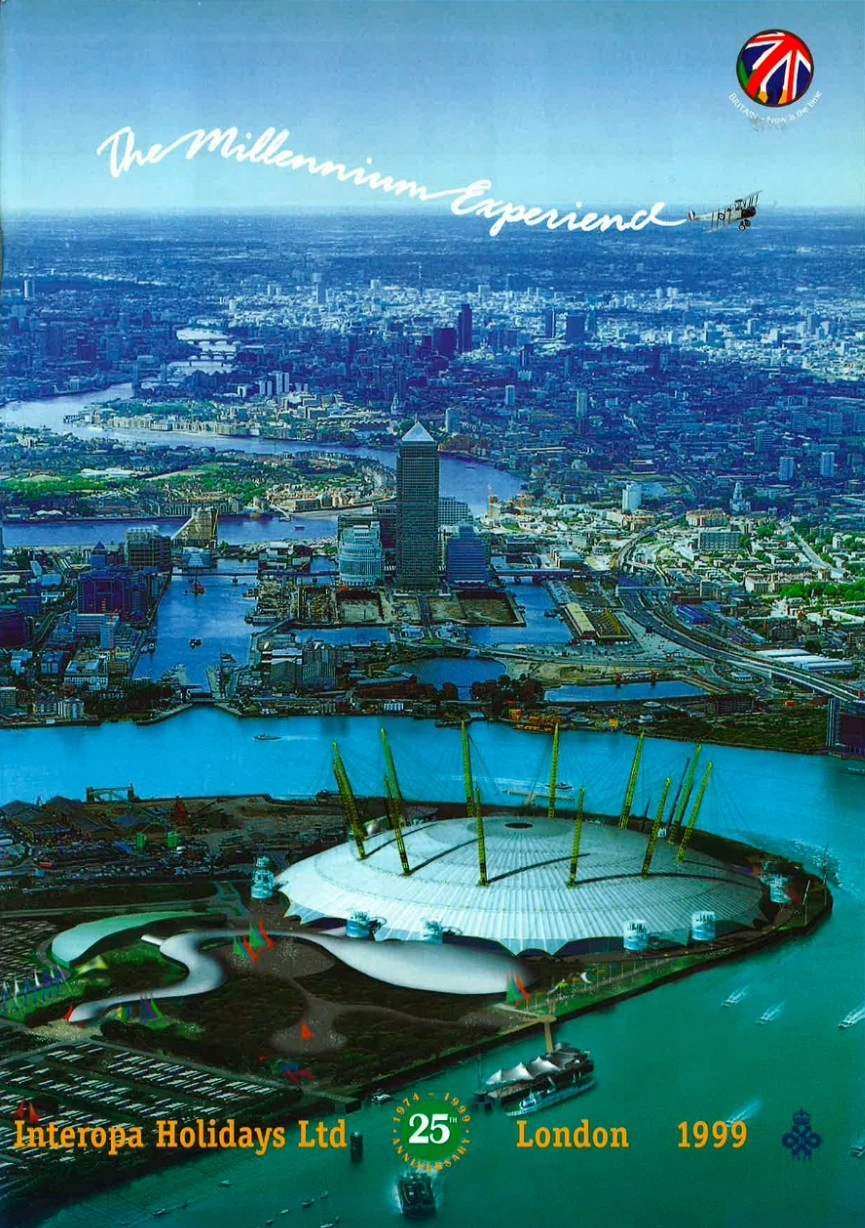 A vibrant advertisement for the Millennium Experience, with a panoramic view of London’s skyline.