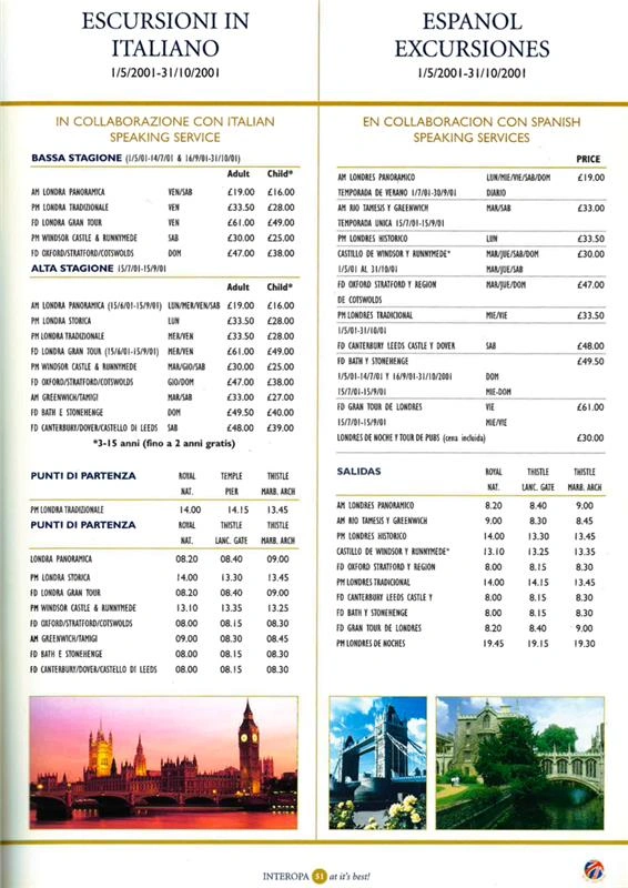A promotional brochure from INTEROPA Holidays for 2001, highlighting exclusive UK and European packages.