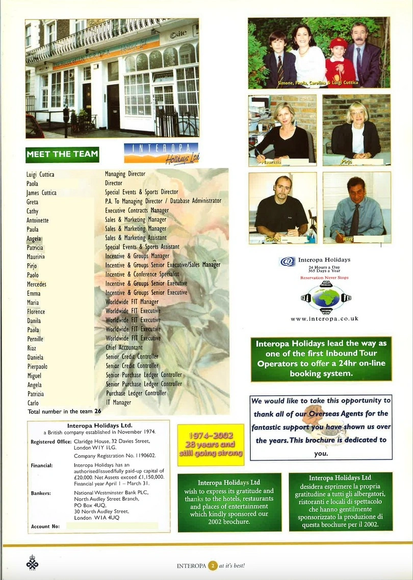INTEROPA Holidays’ brochure for 2002, focusing on luxury accommodation and exclusive events.