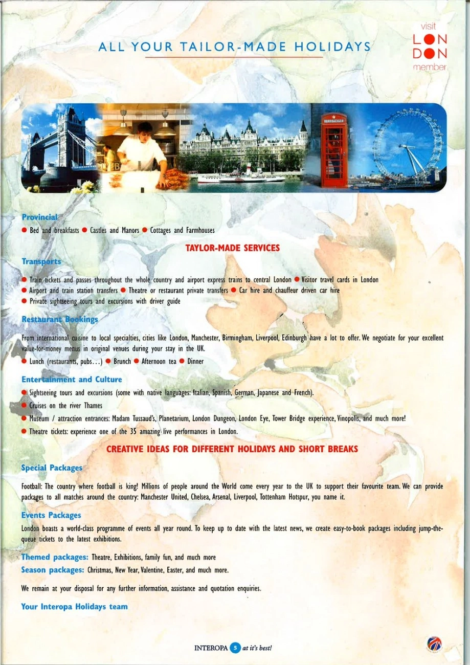 Interopa Holidays brochure showcasing tailor-made UK travel and London tours