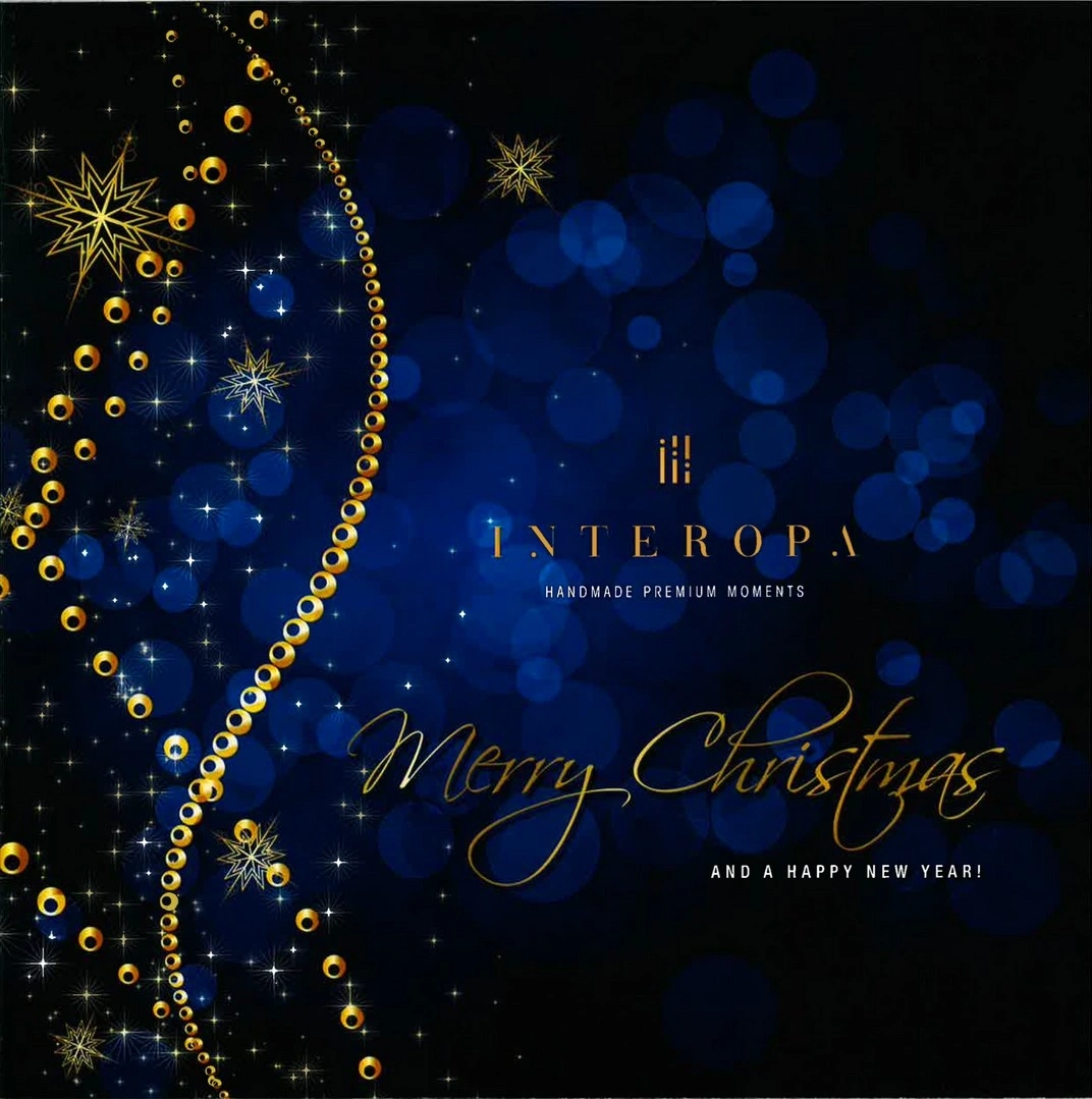 Interopa Merry Christmas card with elegant blue and gold design
