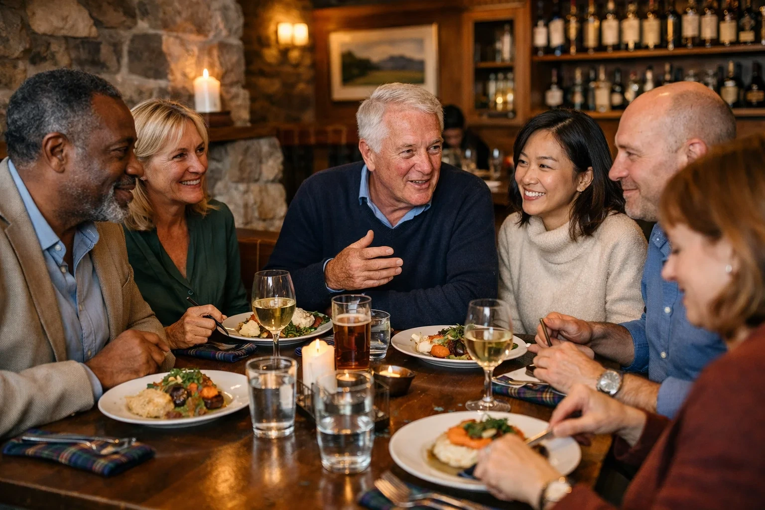 A diverse group of friends smiling and talking while sharing a meal at a rustic candlelit restaurant table.