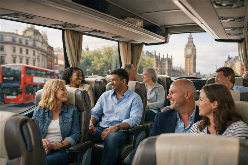 Tourists smiling on a luxury coach bus driving past Big Ben and a red double-decker bus in London.