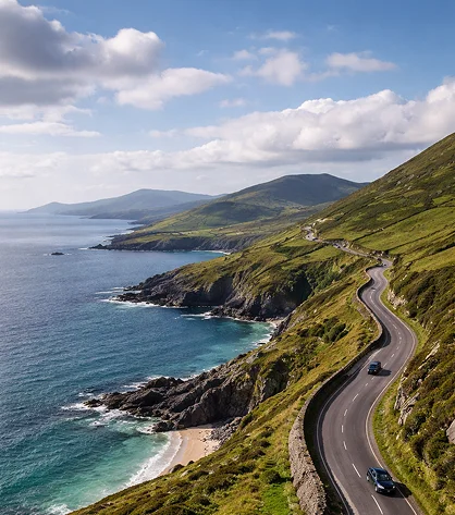 A panoramic view of Ireland’s stunning countryside, with rolling hills, lakes, and valleys.