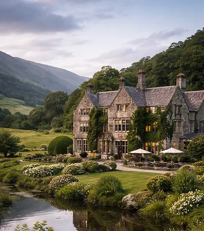 A peaceful Irish landscape with rolling hills, greenery, and historic ruins scattered across.