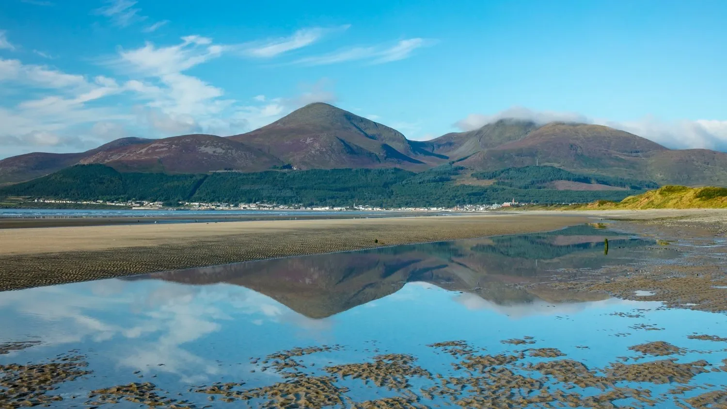 A wide landscape view of the Mourne Mountains reflected in the calm waters of a beach at low tide under a clear blue sky in Northern Ireland.