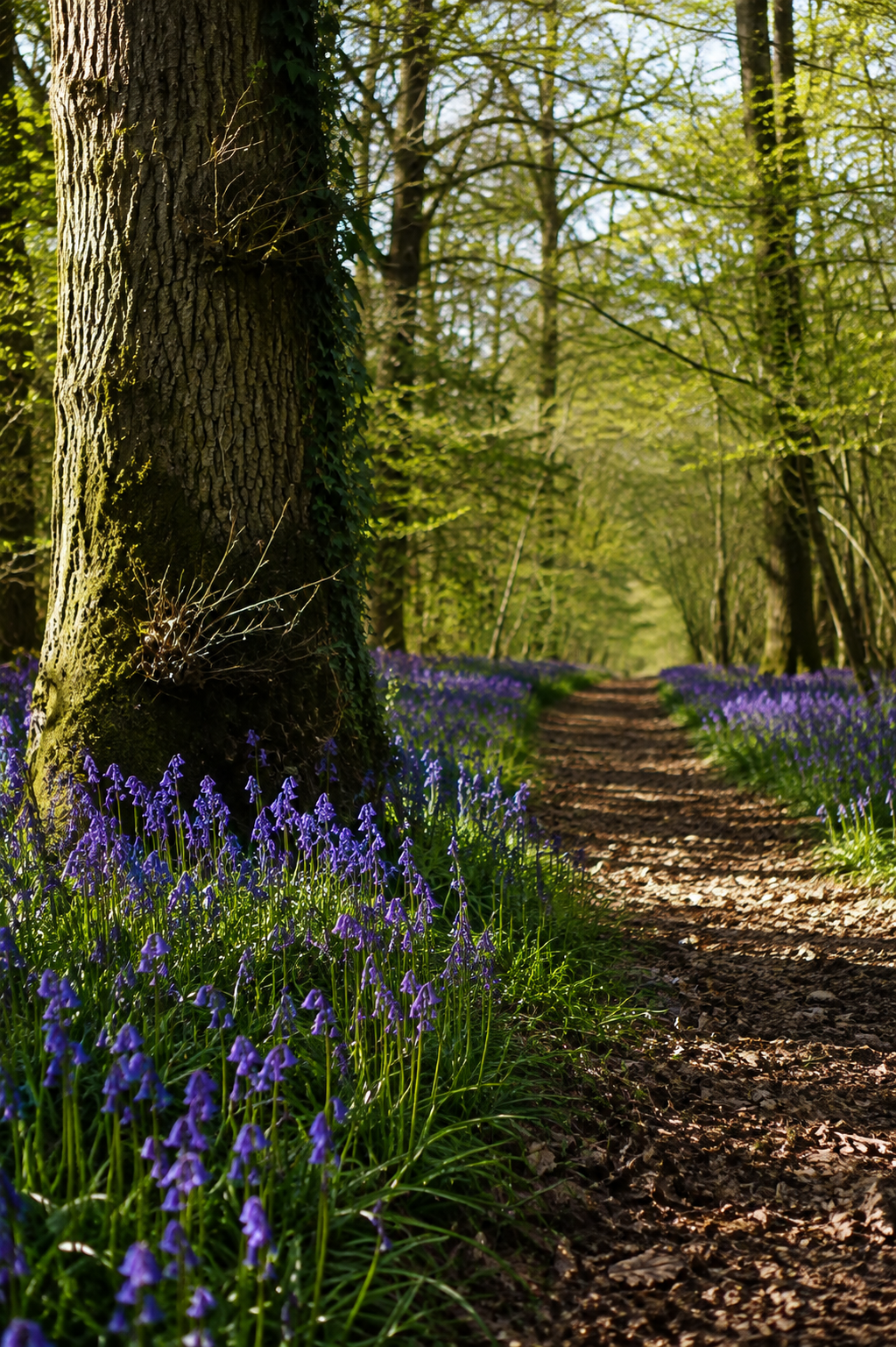 Carpet of bluebells lining a woodland path in spring