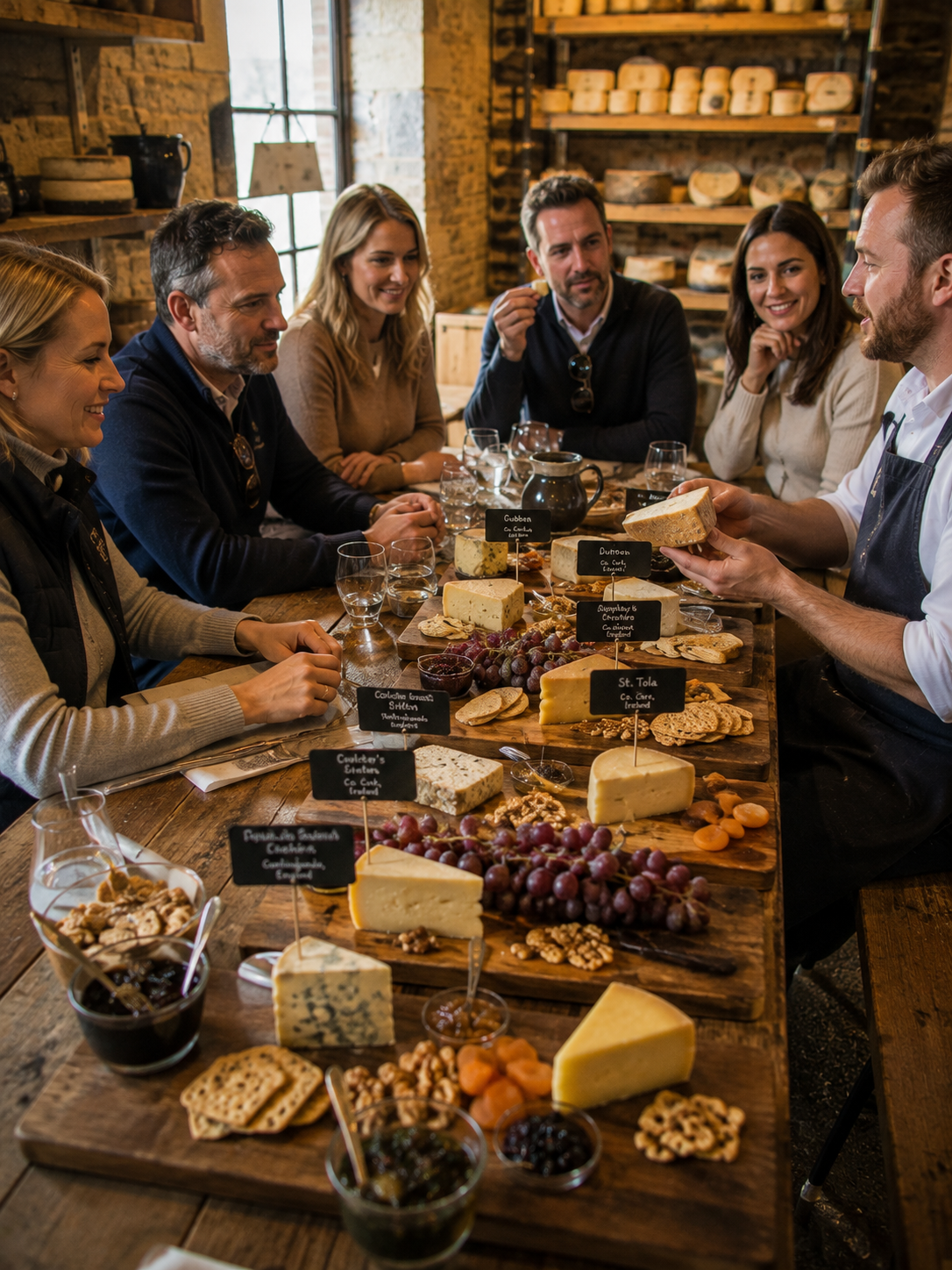 Small group gathered around a table sampling a variety of artisan cheeses