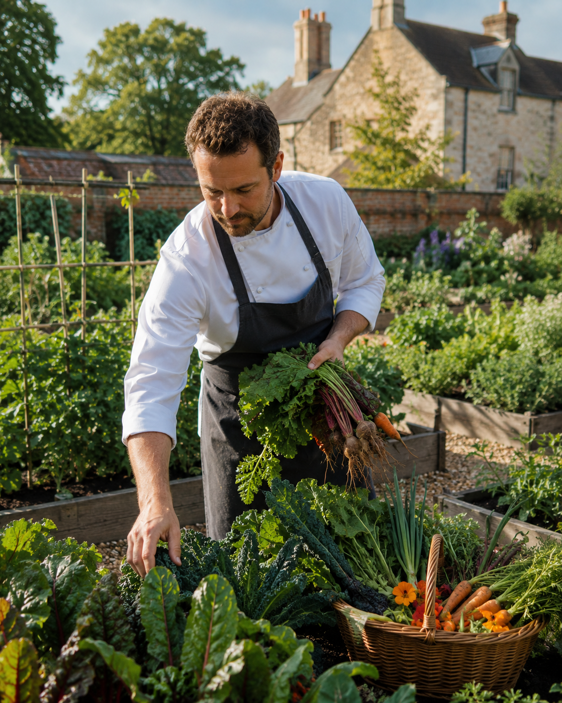 Chef harvesting fresh vegetables from a kitchen garden