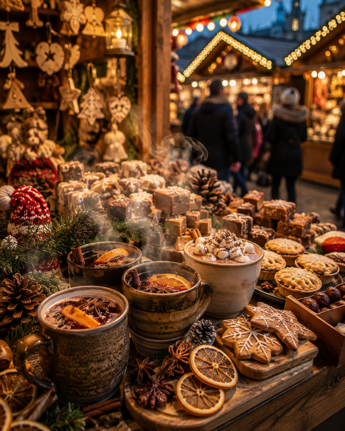 Christmas market stall filled with mulled wine, spices, and festive treats