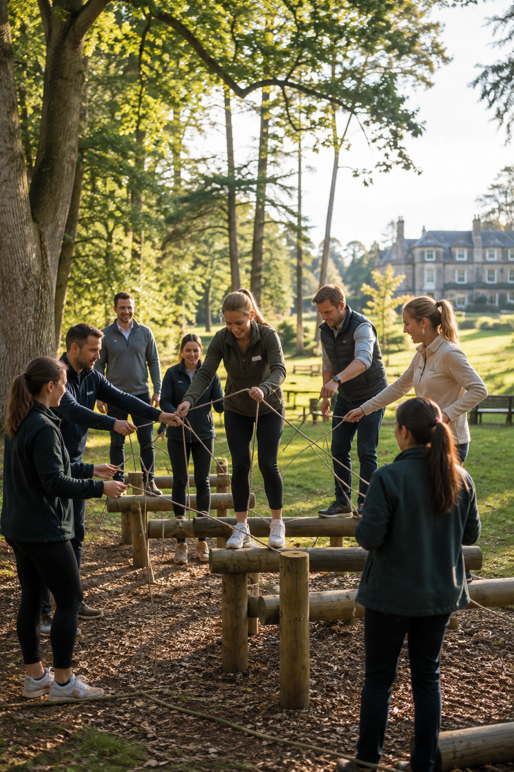 Colleagues working together on an outdoor team challenge in a wooded estate garden