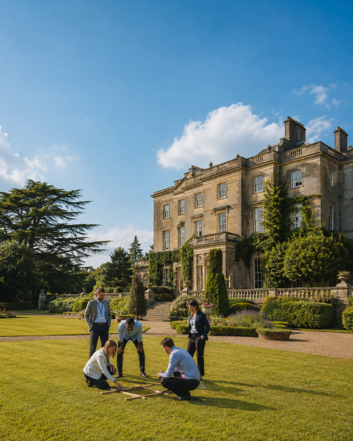 Colleagues taking part in a team-building activity on the lawn of a country estate