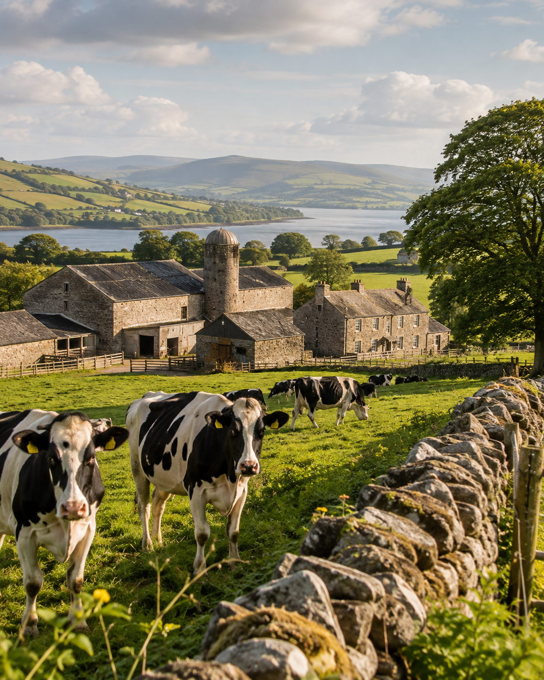Dairy cows grazing beside a stone farmhouse in the countryside, source of the cheese trail
