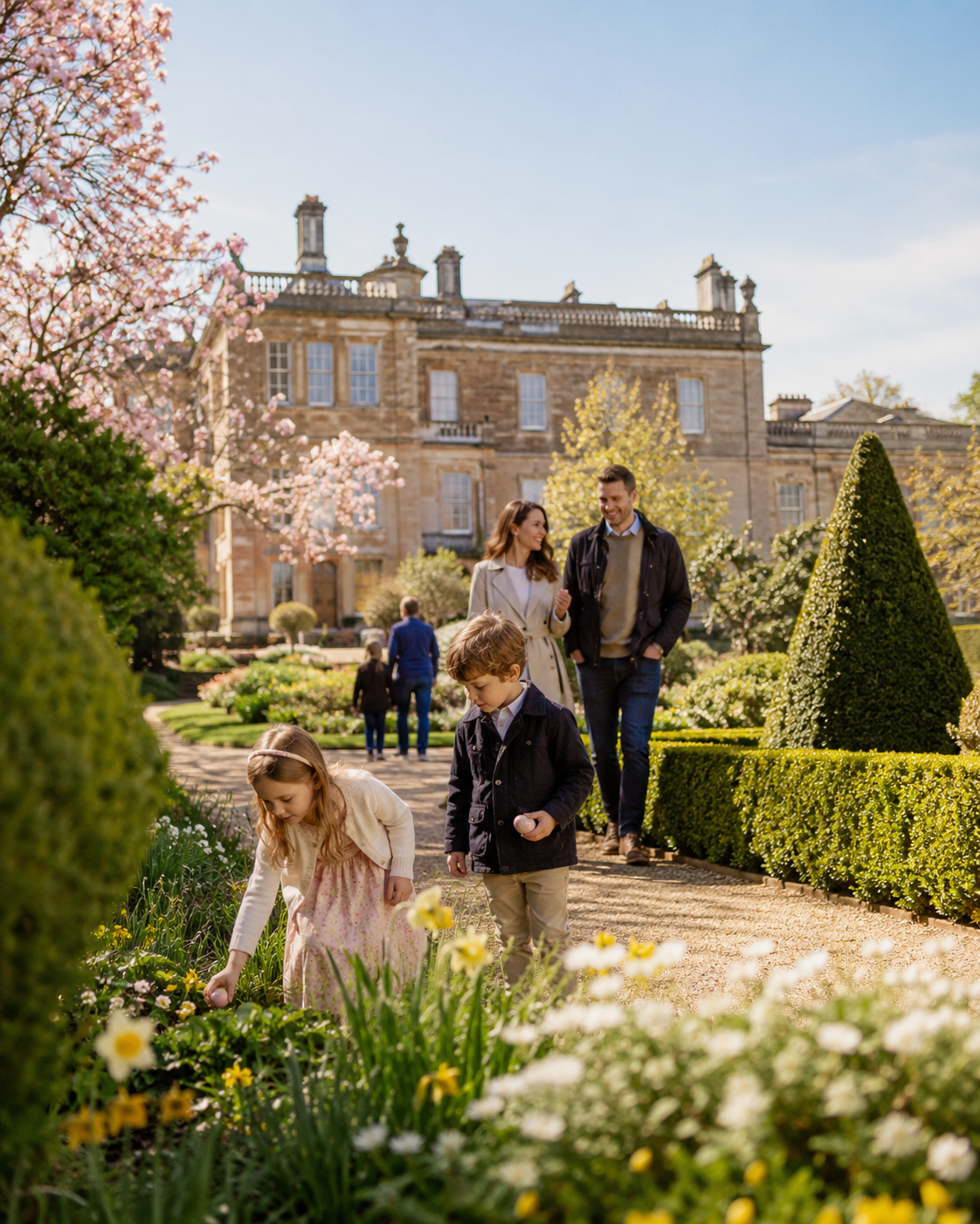 Family searching for Easter eggs in the blossoming gardens of a historic estate