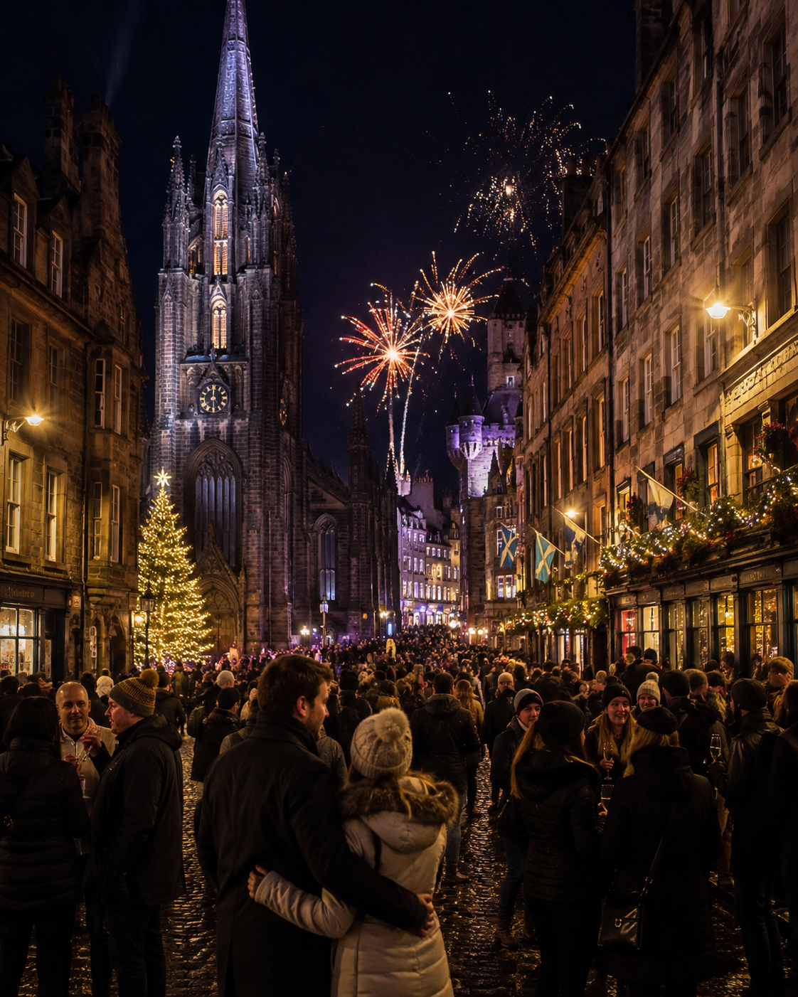 Fireworks lighting up an Edinburgh street crowded with New Year's Eve revelers