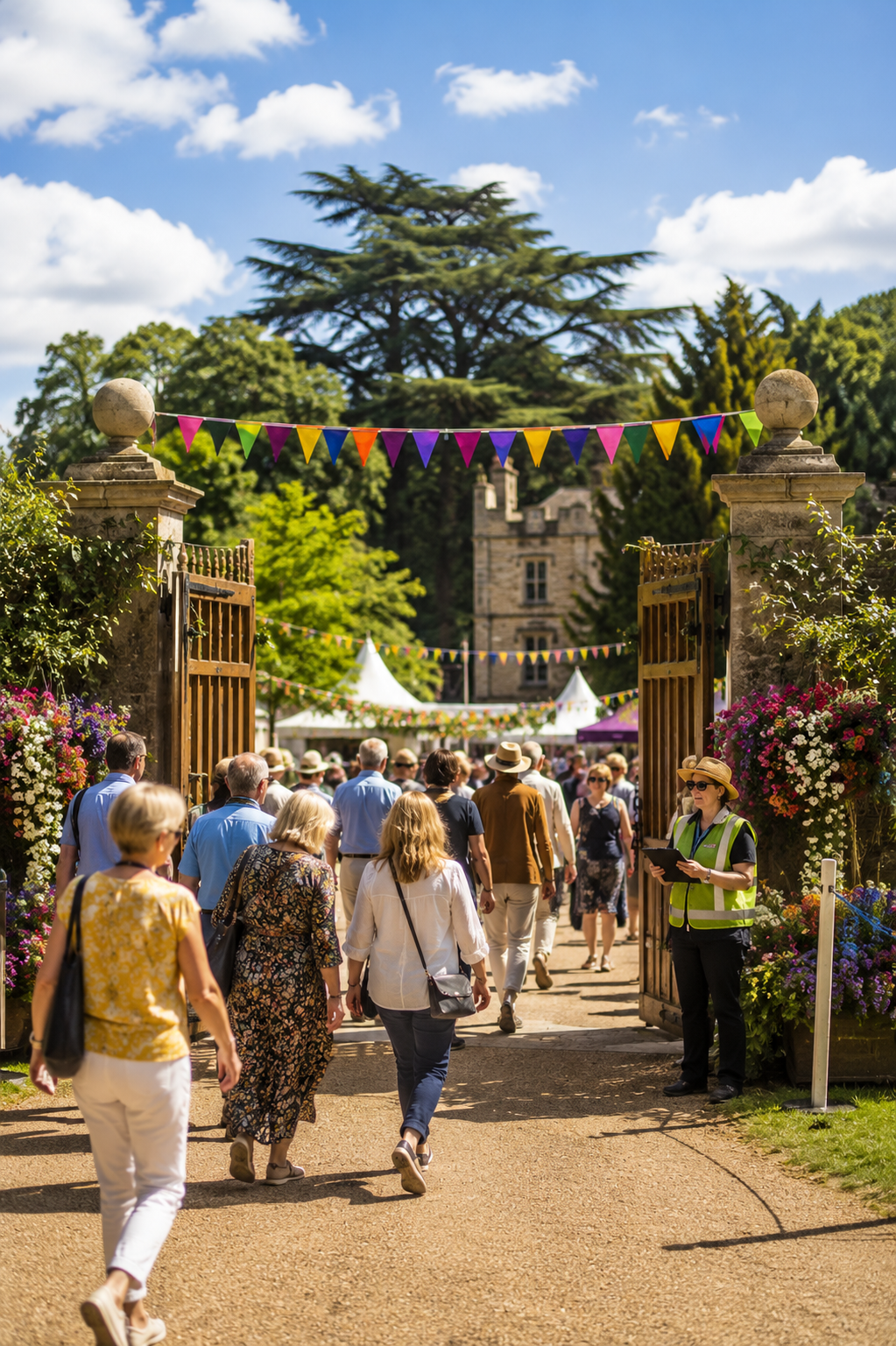 Group of visitors arriving at a decorated festival entrance lined with bunting