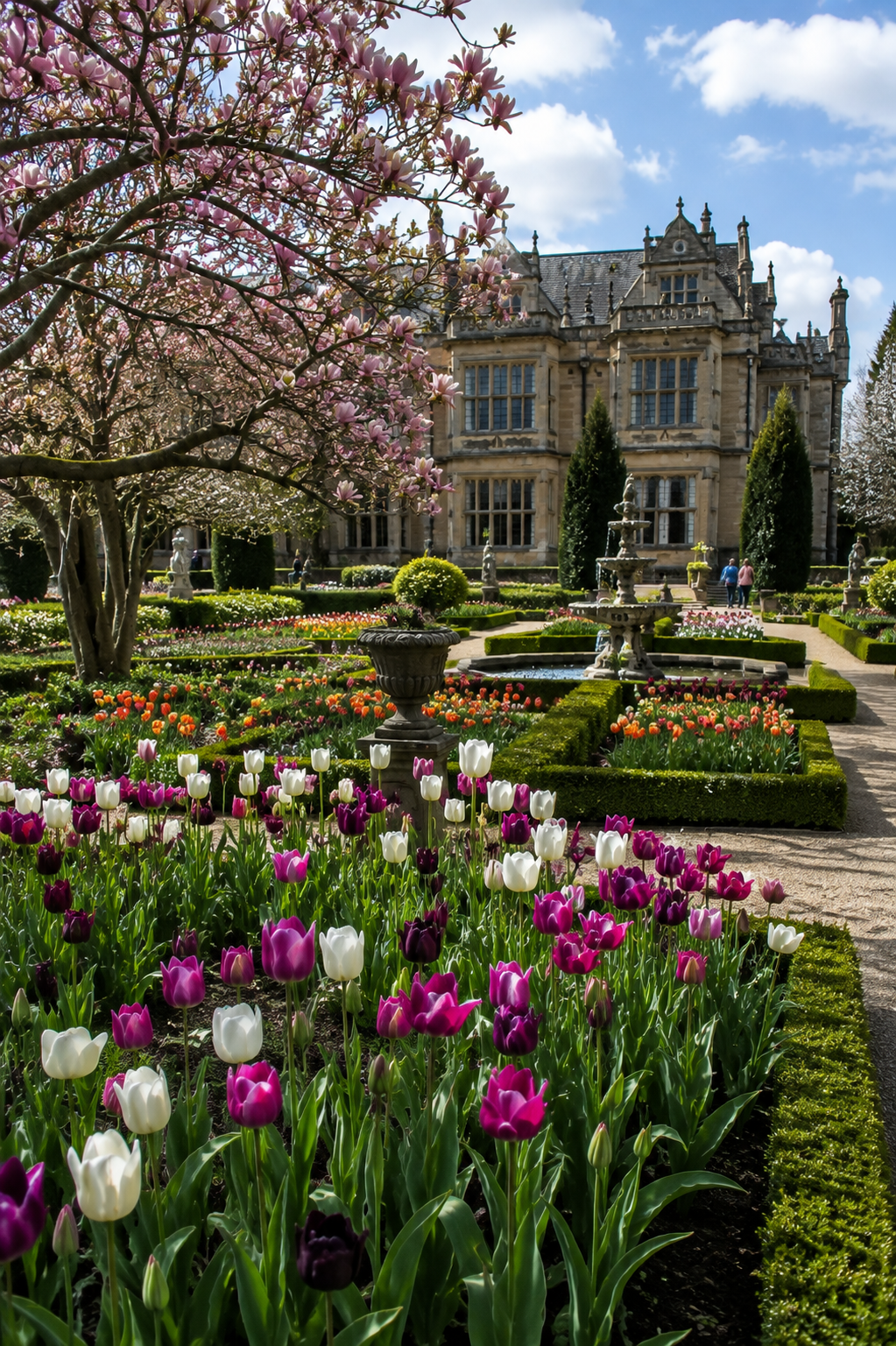 Colorful tulip beds in bloom in front of a historic manor house in spring