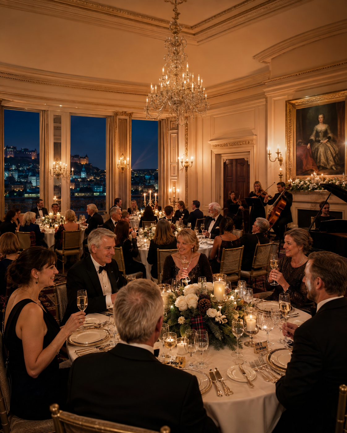 Elegant guests seated for a formal gala dinner beneath a chandelier on Hogmanay