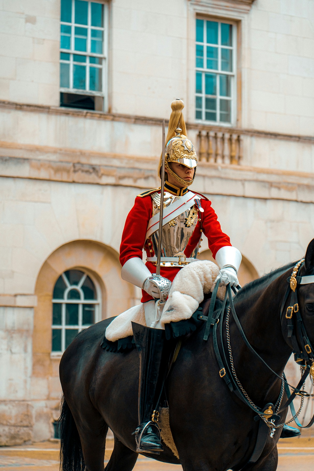 Mounted guards on duty at Horse Guards Parade in Whitehall