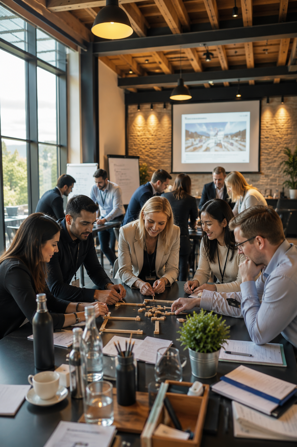 Colleagues collaborating on a team-building activity around a table indoors