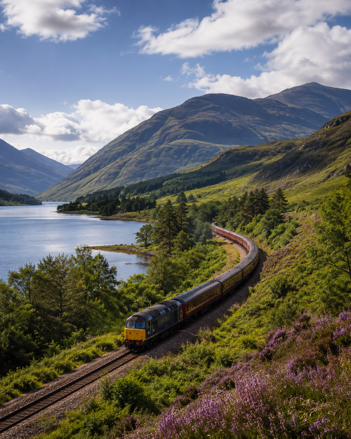 Train travelling along the West Highland Line beside a Scottish loch and mountains