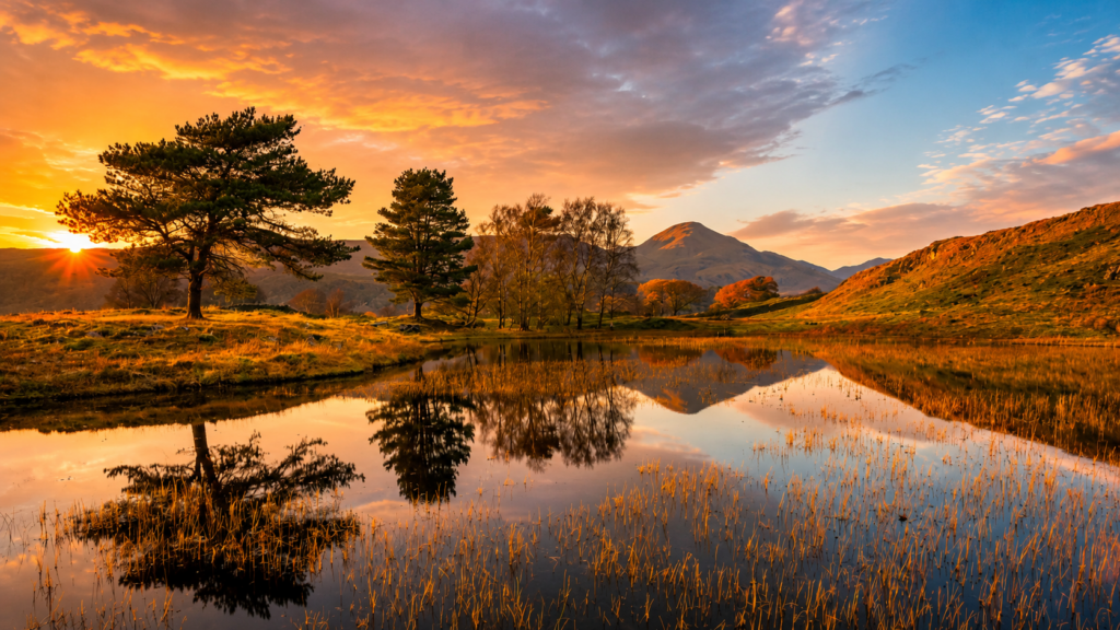 Autumn landscape with a tranquil lake reflecting colourful trees and mountains at sunset