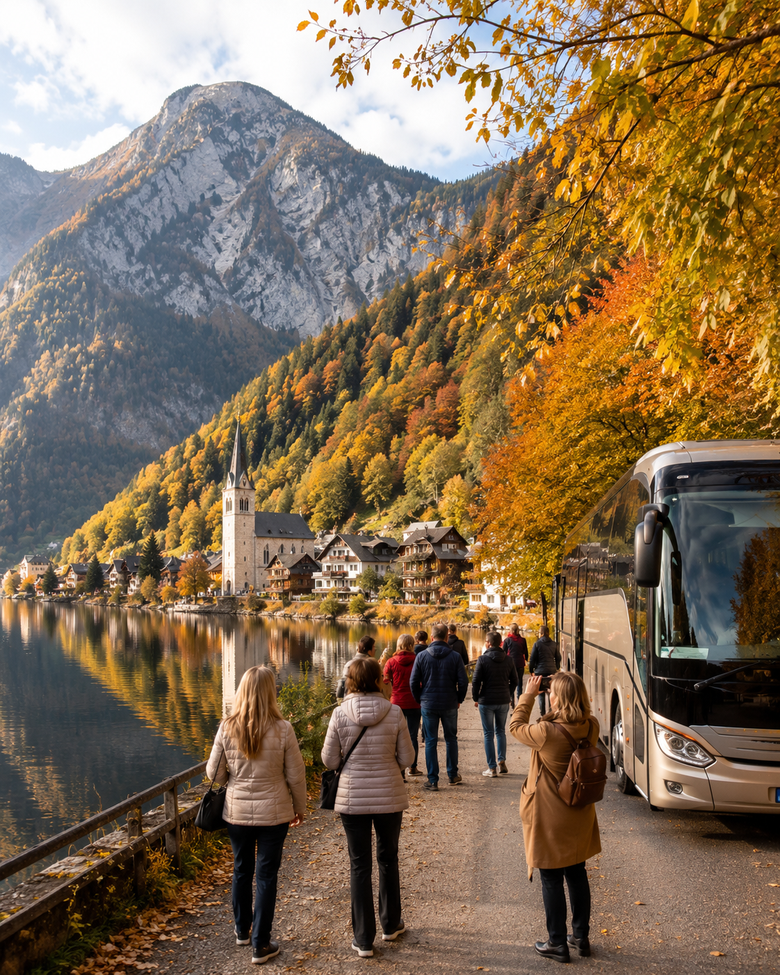 Small tour group walking along a lakeside path with autumn foliage and mountains