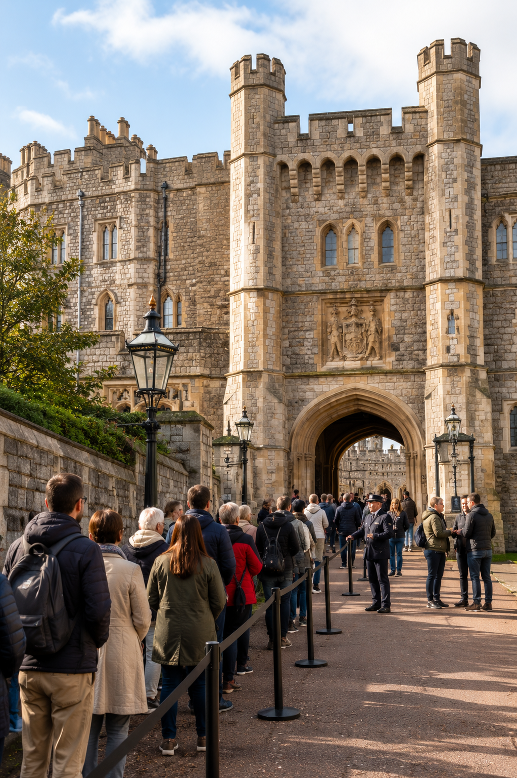 Crowds of visitors gathered outside a historic castle entrance on a bank holiday