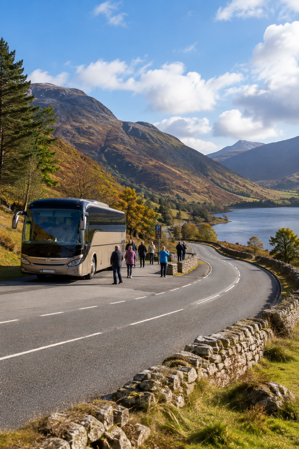 Tour coach parked beside a scenic Highland loch with passengers boarding
