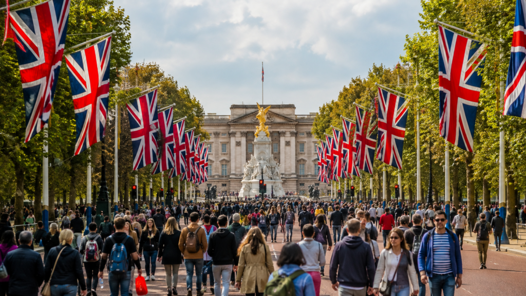 Crowds walking along The Mall with Union Jack flags during a UK Bank Holiday in London