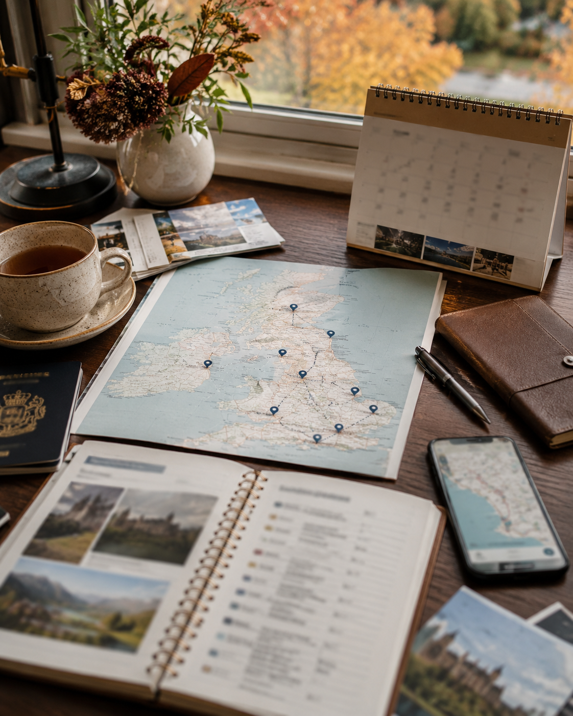 Travel map, notebook, and coffee laid out while planning a bank holiday trip