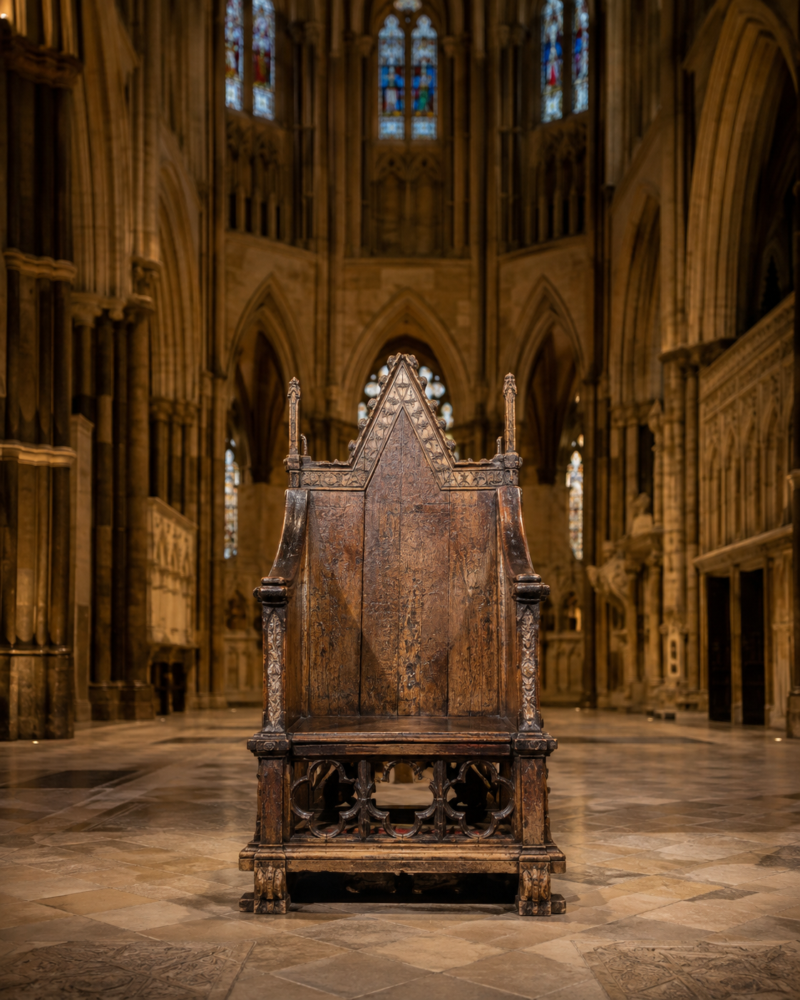 The medieval Coronation Chair inside Westminster Abbey, used for British royal coronations