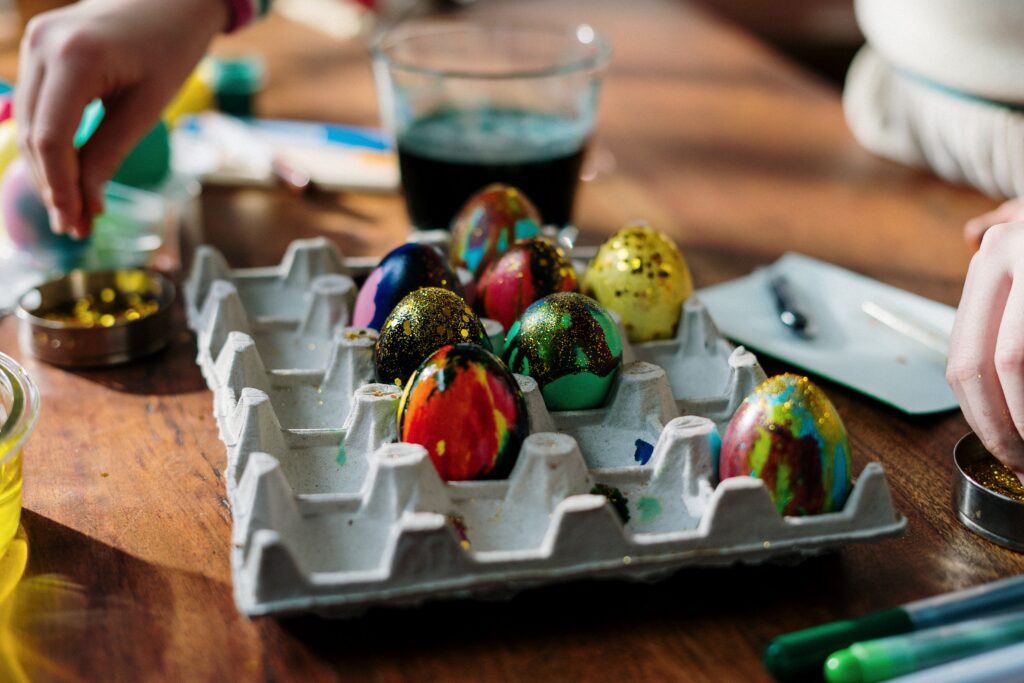 Decorated Easter eggs on a table during a festive Easter group travel experience