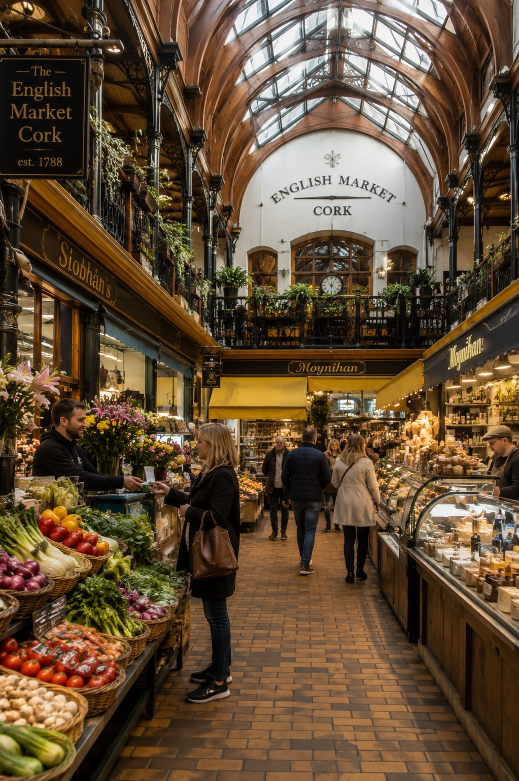 Historic English Market in Cork with artisan food stalls and shoppers beneath a vaulted Victorian roof