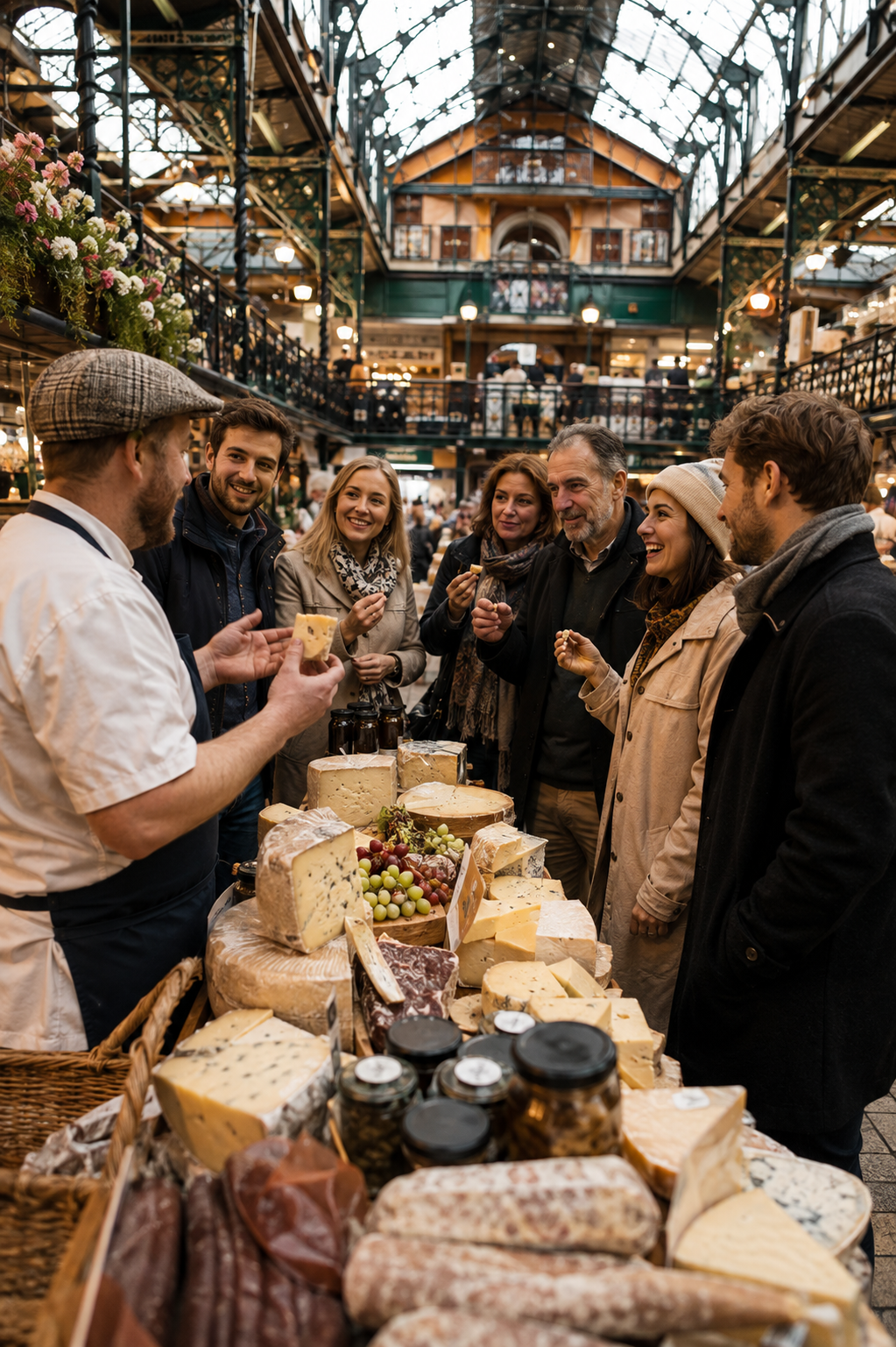 Visitors enjoying a guided food tasting experience at a historic British food market with artisan cheeses, charcuterie and local produce.