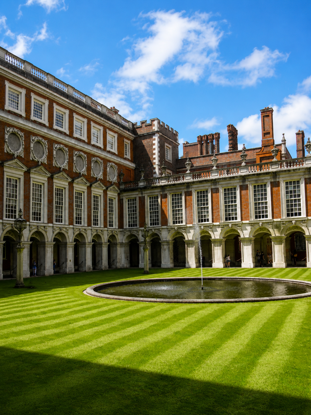 Hampton Court Palace red brick Tudor facade with manicured formal gardens