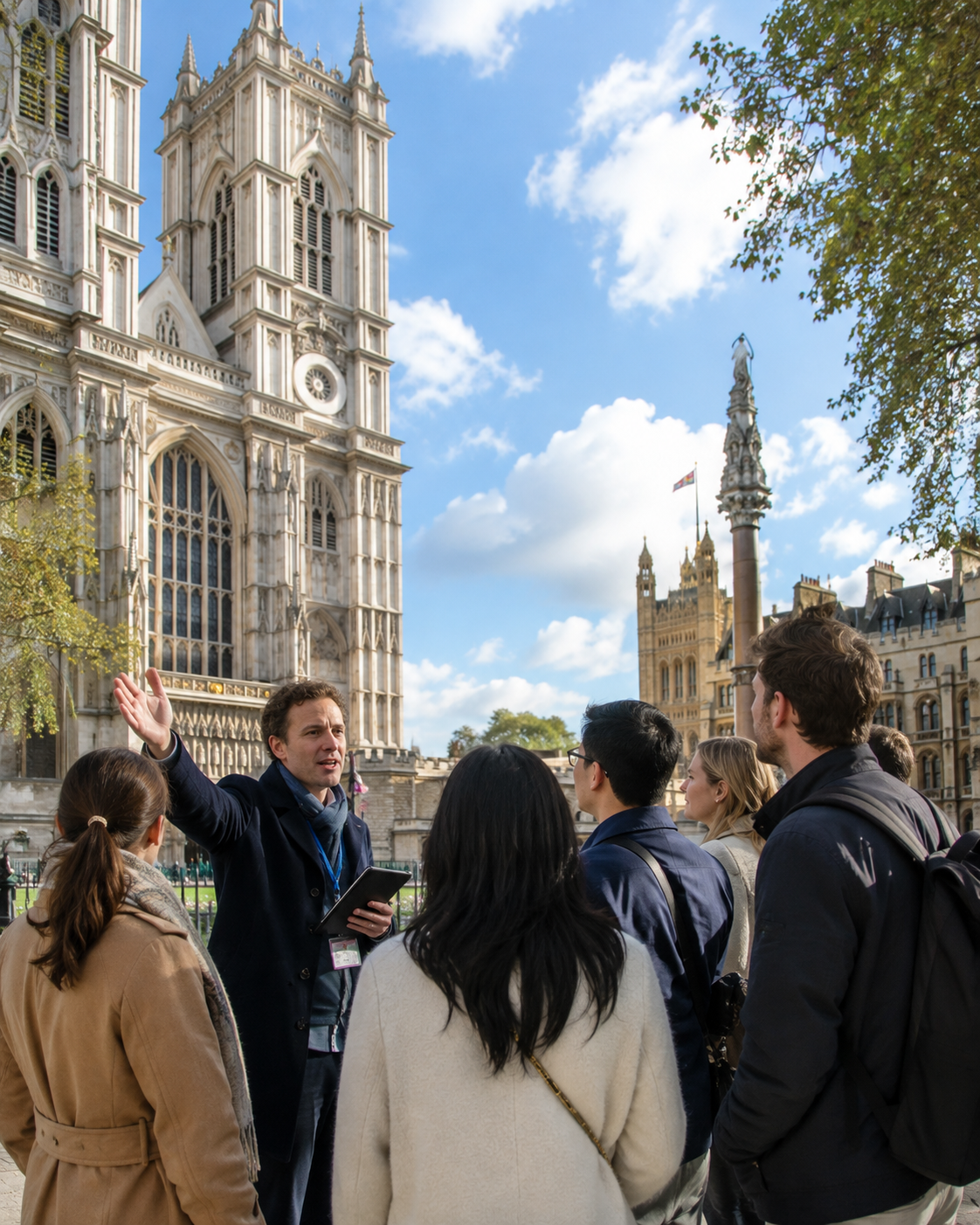 Tour guide leading a small group in front of Westminster Abbey in London