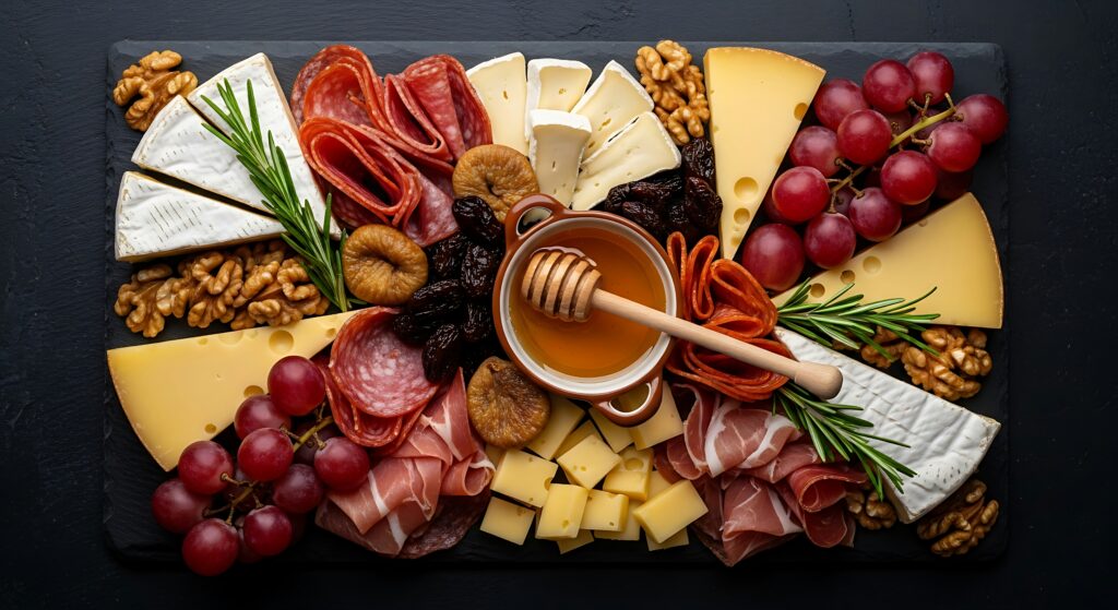 Artisan cheese board with cured meats, honey, and grapes on a rustic platter