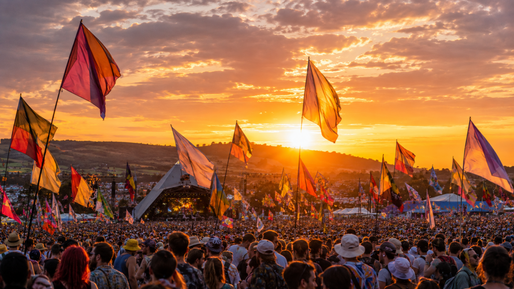 Colorful flags waving over a crowd at a summer festival during sunset