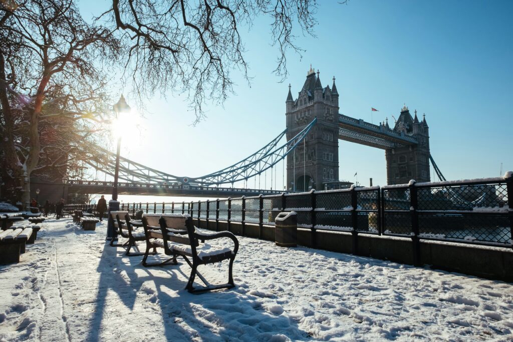 Tower Bridge covered in snow during a winter morning in London