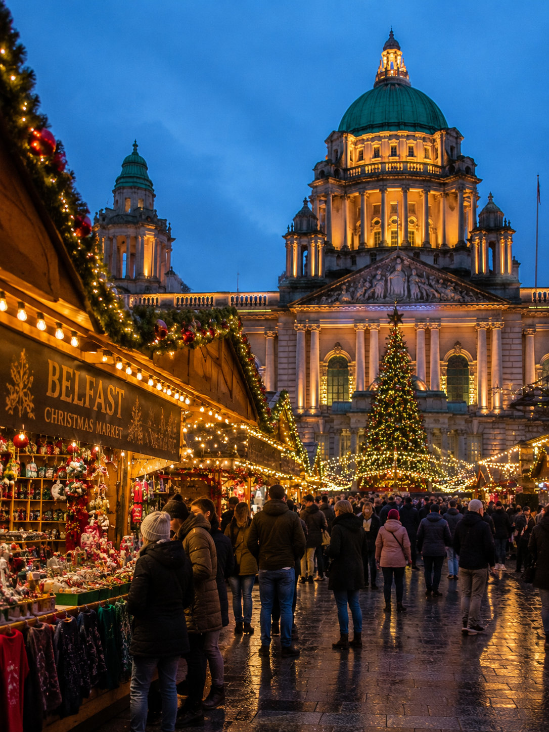 Belfast City Hall illuminated for Christmas above a festive market