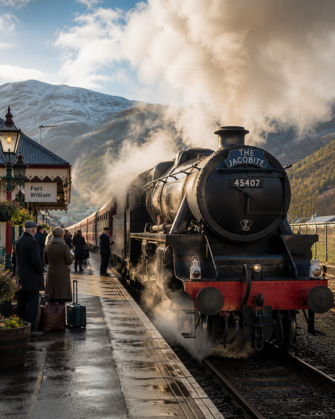 The Jacobite steam train departing Fort William station in the rain