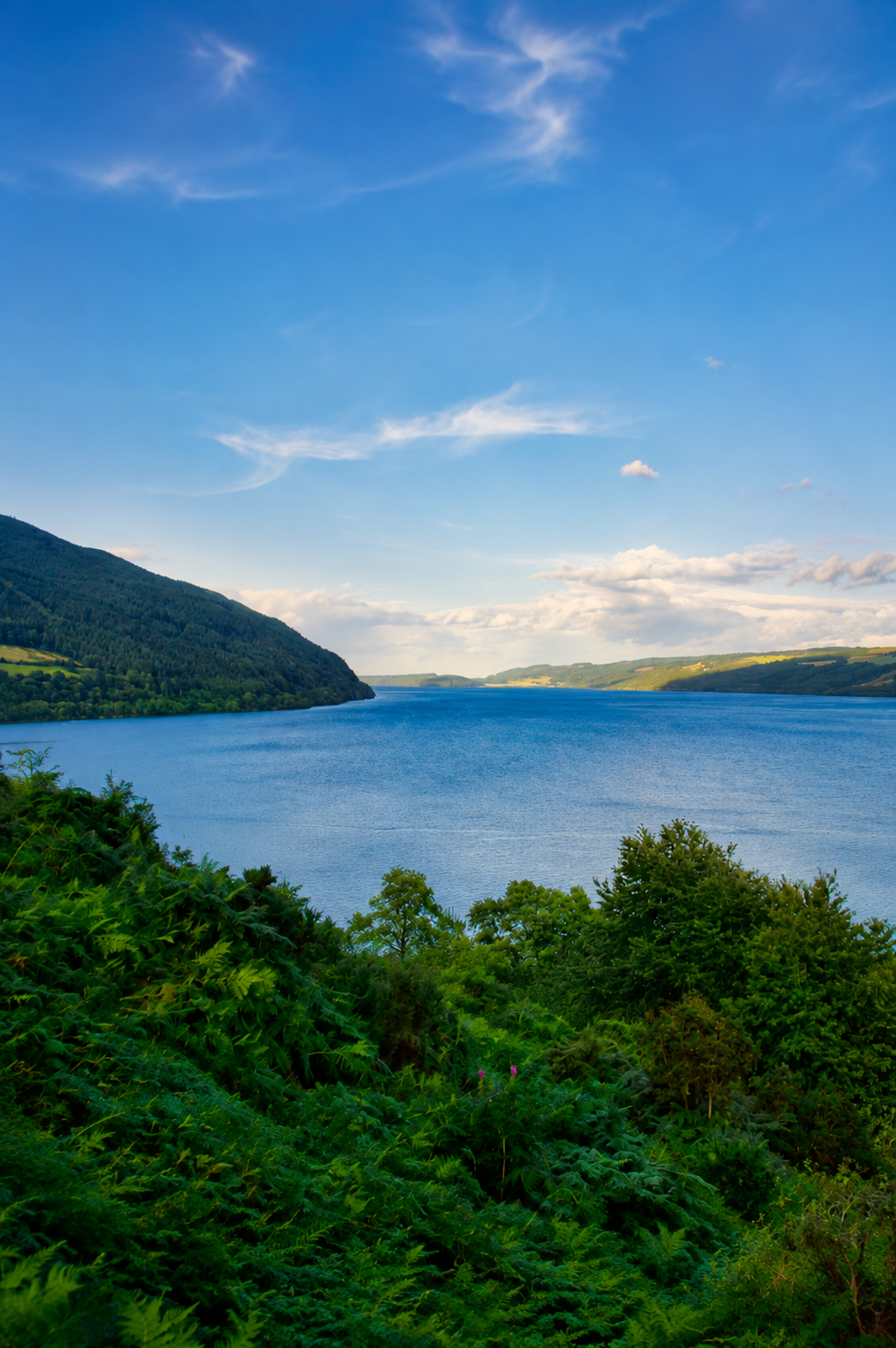 View of Loch Ness surrounded by rolling green Highland hills
